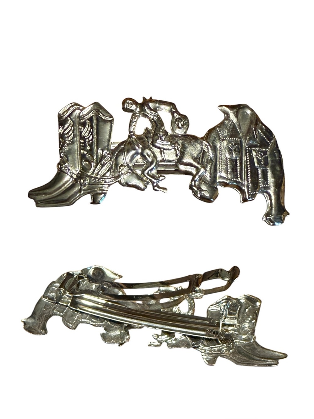 Vintage Silver Tone Western Horse Xowboy Boot Hair Barrette Clip